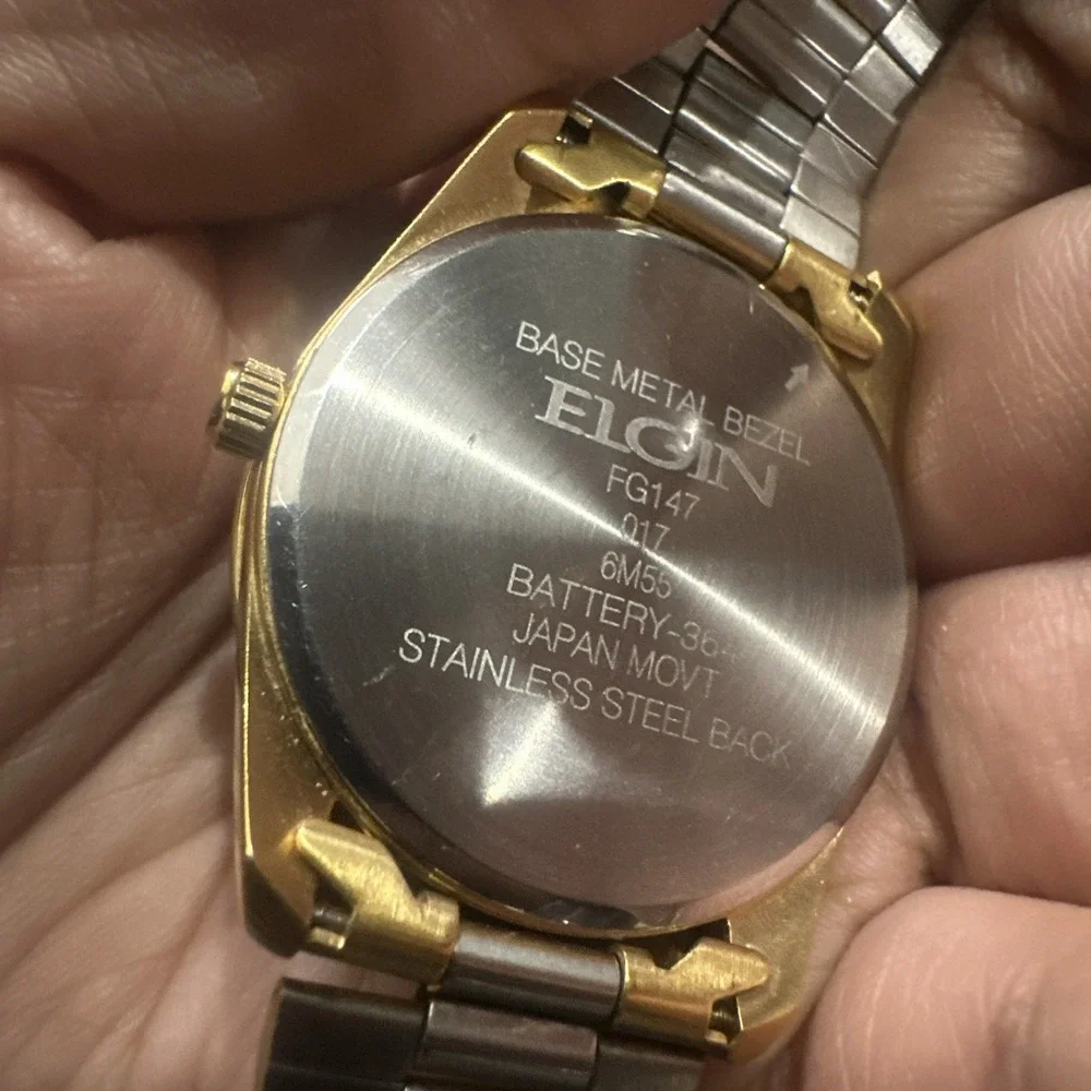 Elgin FG147 Calendar Gold Tone Unisex Watch Quartz 36mm Day Date New Battery